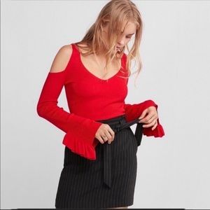 Red V-neck Cold Shoulder Sweater with Ruffle Sleeve Detail size Small